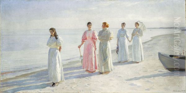 The girls on the beach. The Holst sisters on Skagen Sonderstrand. Oil Painting by Michael Peter Ancher