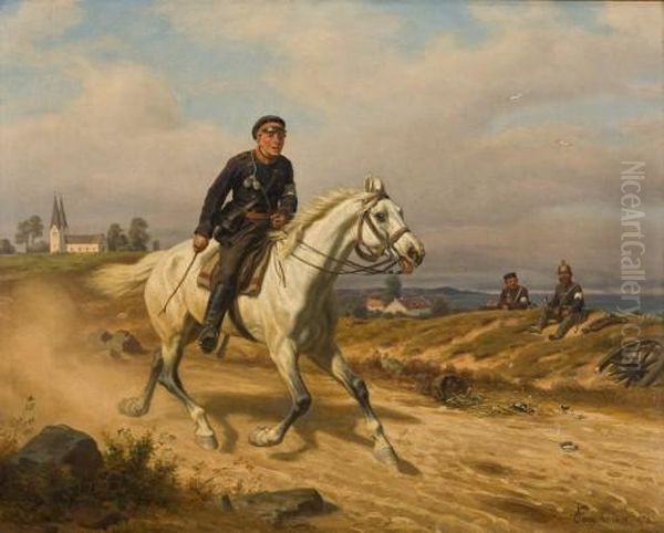 Eilige Nachrichten - Berittener Bote Auf Dem Weg Zum Heer Oil Painting by Wilhelm Camphausen