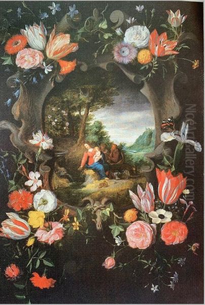 Flower garland around the Holy family in a landscape Oil Painting by Jan Brueghel the Younger