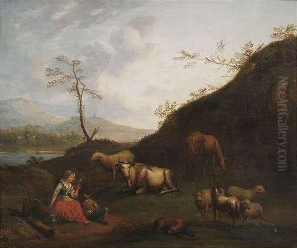 Herdsmen With Their Flock In A River Landscape. Oil Painting by Govert Dircksz. Camphuysen