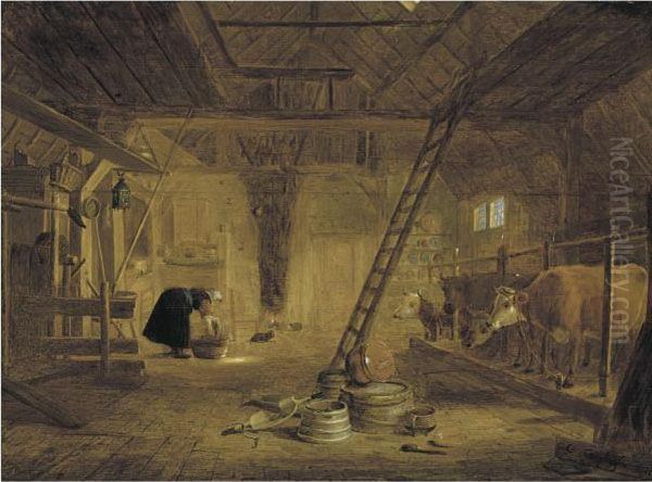 A Barn Interior With Four Cows, A Milk Maid Cleaning A Pot, Andearthenware Pots In The Foreground Oil Painting by Govert Dircksz. Camphuysen