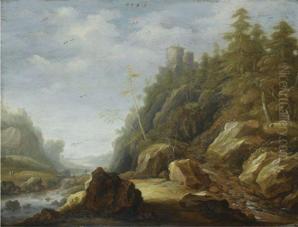 A Rocky Mountain Landscape Oil Painting by Joachim Govertsz. Camphuysen