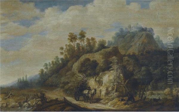 A Mountainous Landscape With Figures Walking Along A Path With Ahorse And Cart Oil Painting by Joachim Govertsz. Camphuysen