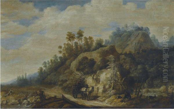 A Mountainous Landscape With Figures Walking Along A Path With A Horse And Cart Oil Painting by Joachim Govertsz. Camphuysen