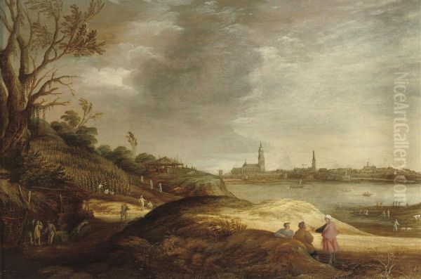 A River Landscape With Farmers Harvesting, A 'capriccio' Of Antwerp In The Distance Oil Painting by Joachim Govertsz. Camphuysen