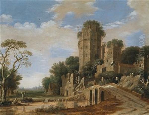 Castle Ruins In A River Landscape With Fishermen Oil Painting by Rafael Govertsz. Camphuysen