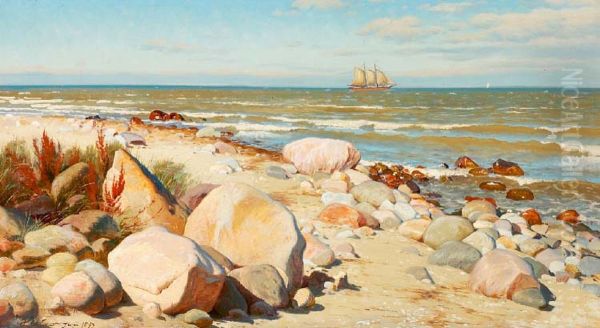 Beach view with sailing ship. Oil Painting by Janus la Cour