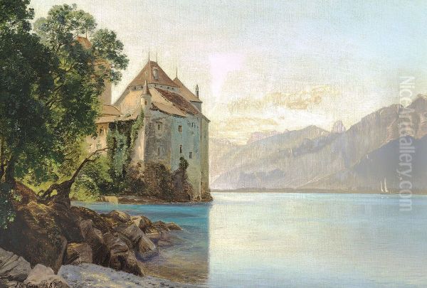 View of Lake Geneva. Oil Painting by Janus la Cour