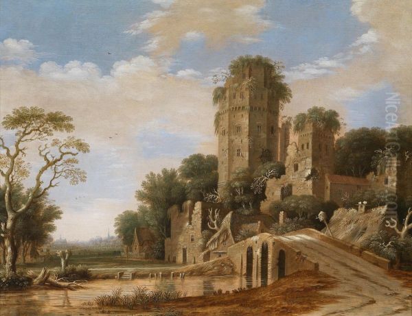 Castle Ruins In A River Landscape Withfishermen Oil Painting by Rafael Govertsz. Camphuysen