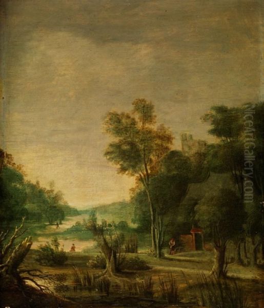 Flusslandschaft Mit Jungen Baumen Und Kruppelweiden Am Ufer Sowie Figurenstaffage Und Einer Burgruine Oil Painting by Rafael Govertsz. Camphuysen