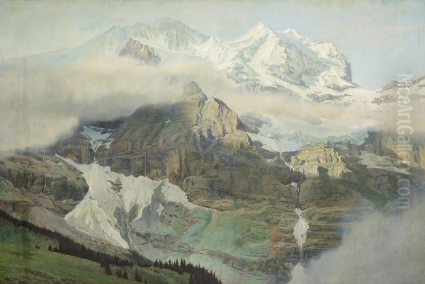 Udsigt mod Monte Rosa, tidlig Formiddag. Oil Painting by Janus la Cour