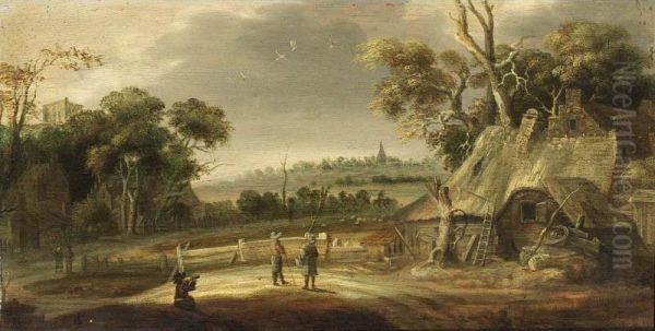 A Wooded Landscape With Figures Conversing Near A Farm, And Travellers On A Path, A Village Beyond Oil Painting by Rafael Govertsz. Camphuysen