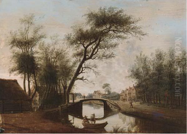 A River Landscape With A Fisherman In A Boat Before A Bridge, Atown Beyond Oil Painting by Rafael Govertsz. Camphuysen