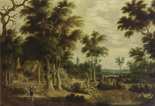 A Wooded River Landscape With An Elegant Couple On A Path, And Fishermen Near A Bridge, A Village Nearby Oil Painting by Rafael Govertsz. Camphuysen