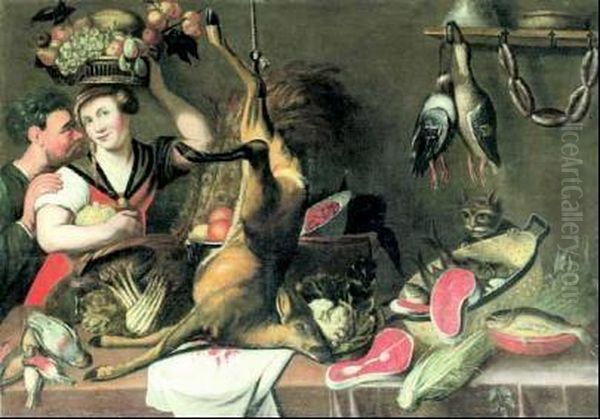 Interno Di Dispensa Con Cacciagione, Pesci, Ortaggi, Salumi, Frutta E Due Figure Oil Painting by Antonio Campi