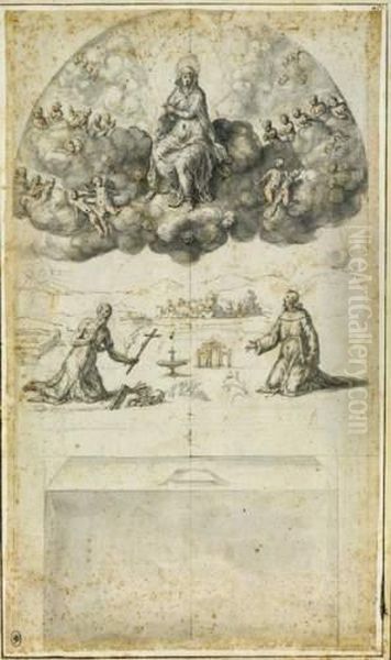 Projet De Decor : La Vierge En Gloire Apparaissant A Saint Jerome
Et Saint Francois Oil Painting by Bernardino Campi