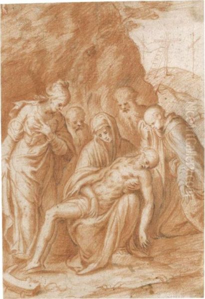 The Lamentation With Saint Catherine Of Alexandria, Gabriele Quintiano And Possibly The Prophets Elijah And Elisha Oil Painting by Bernardino Campi