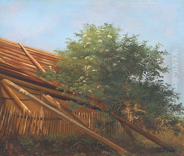 Garden view with logs, a fence and a tree. Oil Painting by Vilhelm Kyhn