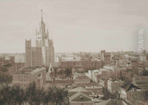 Moskau Aussicht von der hoch Gebaude. Grisaille malerei. Ol auf Leinwand. 80 x 120 cm Oil Painting by Simon Kozhin