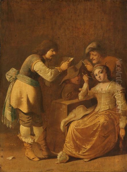 Kaartspelers met een pijprokende vrouw Oil Painting by Pieter Quast