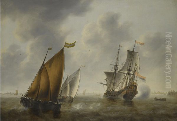 Shipping in a breeze off the Dutch coast Oil Painting by Jacob Adriaensz Bellevois