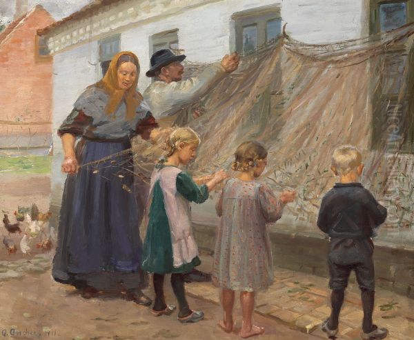 Disentangling the fishing net. Oil Painting by Anna Ancher