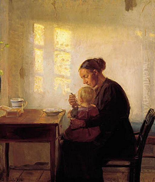 En mor med sit barn i en sollys stue. Oil Painting by Anna Ancher