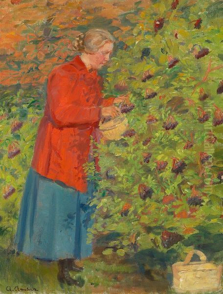 Helga Ancher picking elderberries. Oil Painting by Anna Ancher