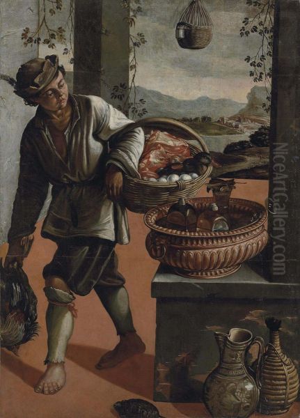 A Peasant Boy Carrying A Cockerel And A Basket Of Eggs, Meat And A Duck, In An Open Interior Oil Painting by Vincenzo Campi