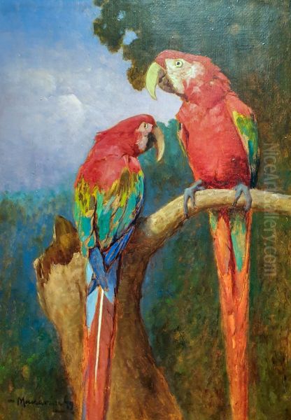 Parakeets Oil Painting by Gyula Madarasz