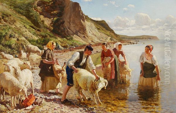 Women and a young man washing sheep at Refsnaes. Oil Painting by Hans Ole Brasen