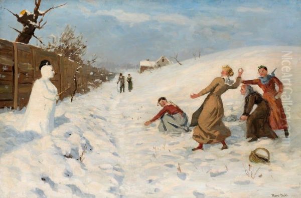 Snowball fight and snowman Oil Painting by Hans Dahl