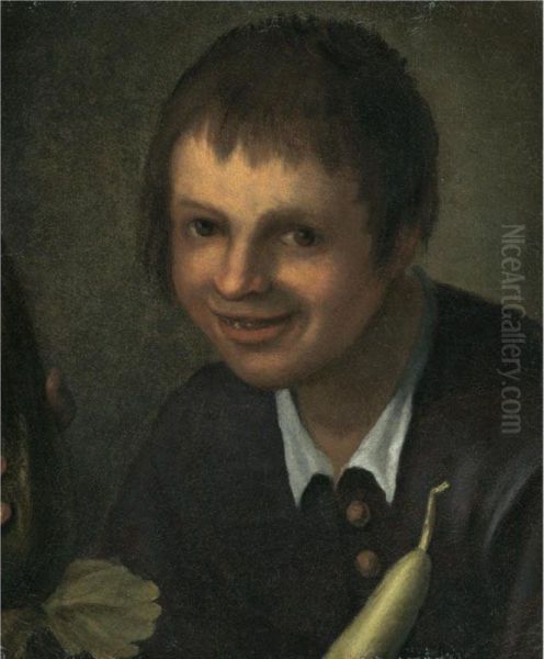 Portrait Of A Boy, Head And Shoulders, Brandishing Vegetables Oil Painting by Vincenzo Campi