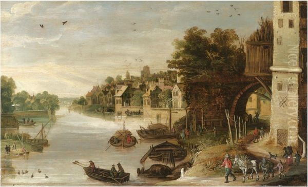 A Village Scene by a River, said to be a View of Treviso Oil Painting by Philips de Momper (I)