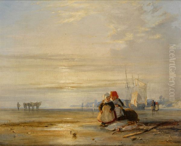 Picardy Coast with Children - Sunrise Oil Painting by Richard Parkes Bonington