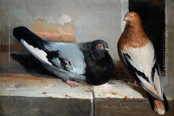 Two Pigeons on a Ledge Oil Painting by unknown