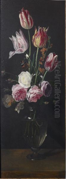 Roses, tulips and a wallflower in a glass vase Oil Painting by Daniel Seghers