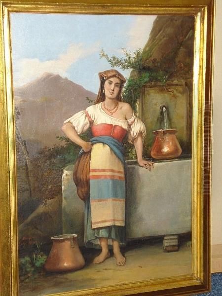 A Young Peasant Woman Collecting Water, Signed Oil Painting by Luigi Campini