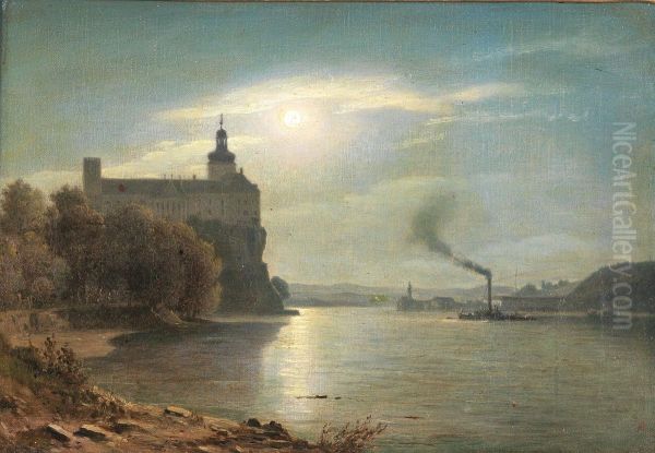 Eine Mondnacht an der Donau bei Schloss Persenbeug mit Dampfschiff Oil Painting by unknown