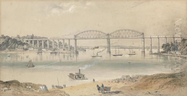 Paddlesteamers And Other Shipping On The Tamar Below Brunel's Royal Albert Bridge Oil Painting by George Bryant Campion