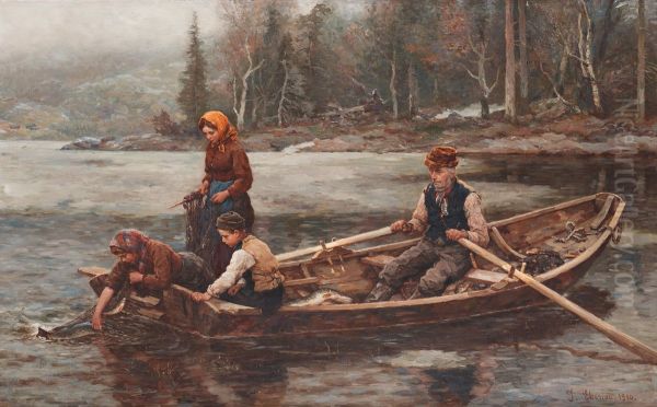 Family fishing Oil Painting by Jahn Ekenaes