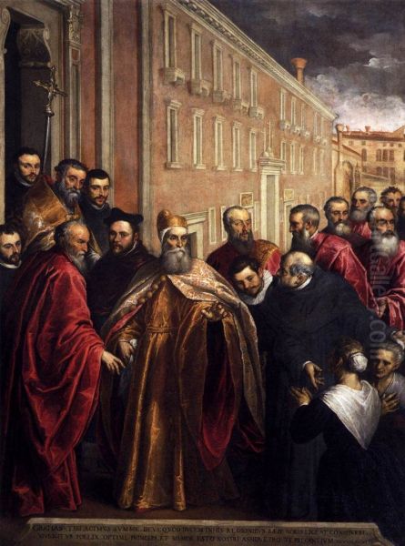 Pasquale Cicogna in Dogal Robes Visiting the Church and Hospital of the Crociferi Oil Painting by Palma il Giovane