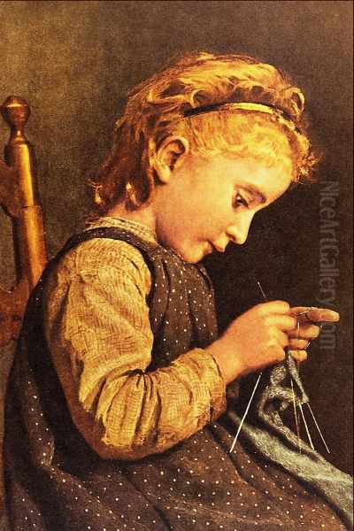 Little Girl Knitting Oil Painting by Albert Anker