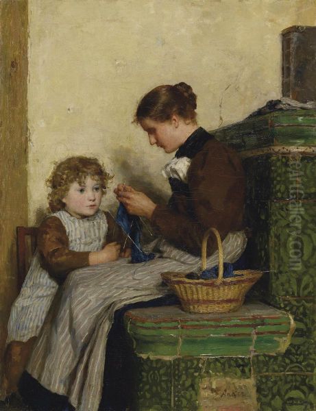 Bertha Gugger with daughter Oil Painting by Albert Anker