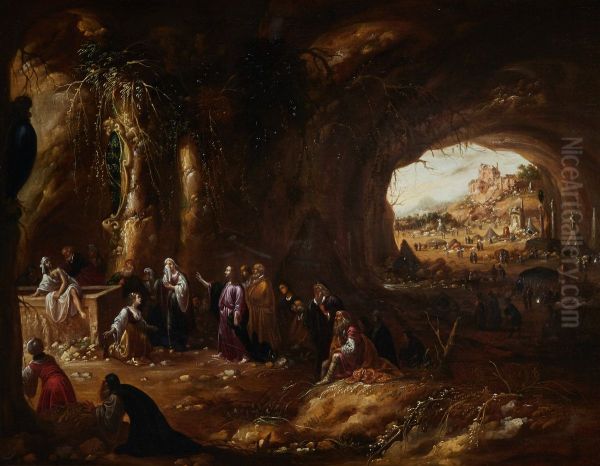 Interior of a grotto with the raising of Lazarus Oil Painting by Rombout Van Troyen