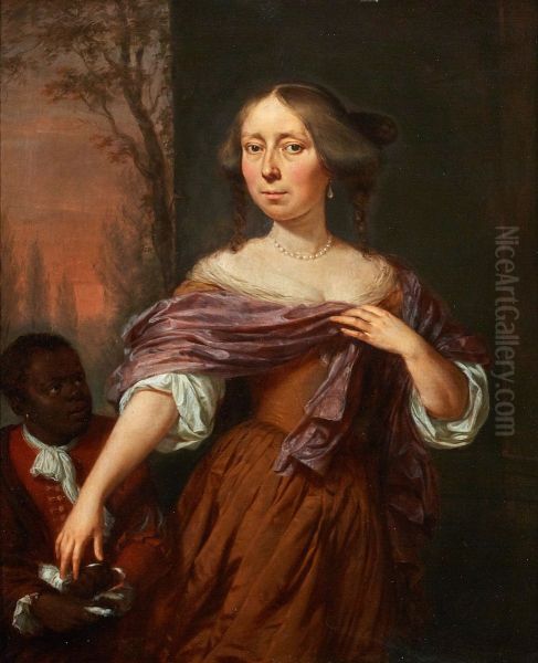 Portrait of Jacomina le Pla (1647-1681), with a servant Oil Painting by Jan Verkolje