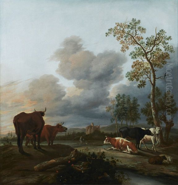 Landscape with cows Oil Painting by Anthonie Van Borssom