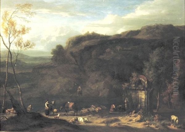 Italianate landscape with figures near a fountain Oil Painting by Jan Baptist Huysmans