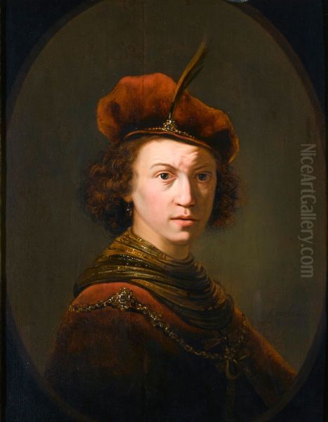 Portrait of a young man, half-length, wearing a cap with a feather and a gold chain Oil Painting by Pieter Hermansz Verelst