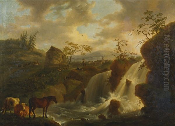 A horse and cows by a rushing river Oil Painting by unknown